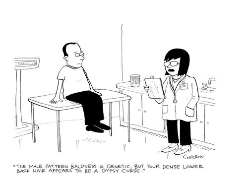 'The male pattern baldness is genetic, but your dense lower back hair appears to be a gypsy curse.'