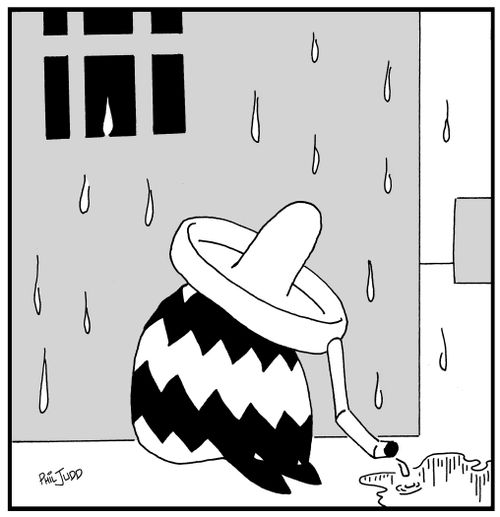 Man with a sombrero in the rain with a drainpipe running out of it.