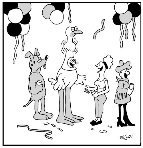 Guy dressed as an ostrich at a fancy dress party. Lump in birds throat like a real bird.