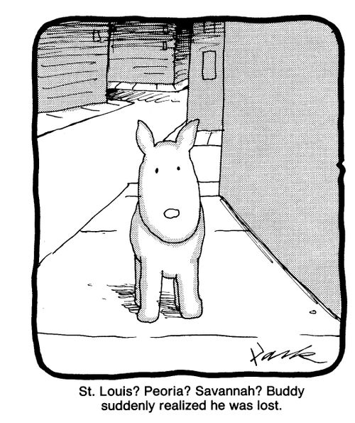 'St. Louis? Peoria? Savannah? Buddy suddenly realised he was lost.'