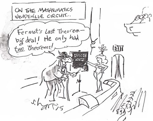 'On the mathematics vaudeville circuit...'  'Fermat's last theorem - big deal!  He only had two theorems!'