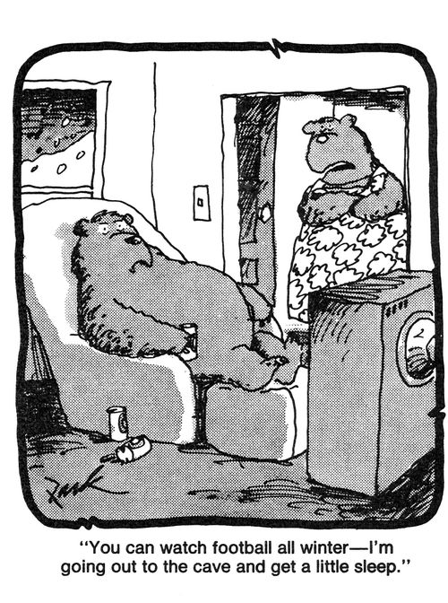 'You can watch football all winter - I'm going out to the cave and get a little sleep!'