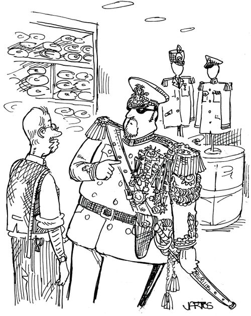 Military officer being weighed down on one side by medals.