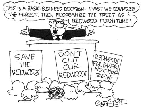 'This is a basic business decision - first we downsize the forest, then reorganize the trees as redwood furniture'