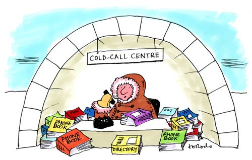 Man cold-calling on phone from igloo