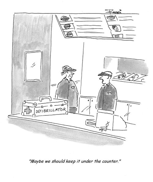 Fast Food Restaurant Employees Discuss a Defibrillator. 'Maybe we should keep it under the counter.'