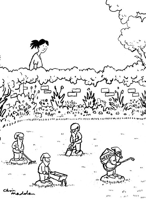 Garden gnomes - one using weedkiller