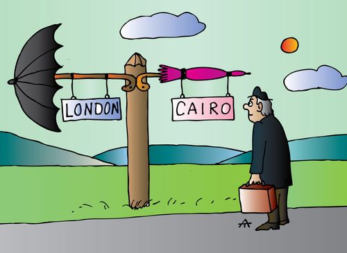 Signpost to London and Cairo with Umbrella and Parasol.