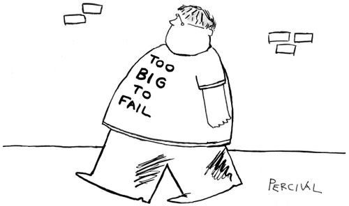 Obese man wearing a T-shirt with 'Too Big To Fail'. 