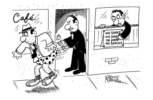 Man wearing boxer shorts being tossed out of Café with waiter adding 'No Pants, No Service' to window sign.