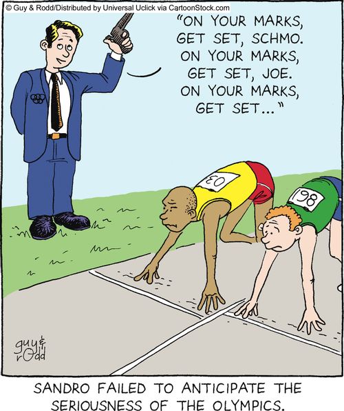 'On your marks, get set, schmo. On your marks, get set, joe. On your marks, get set...'