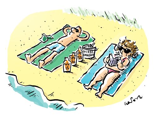 Couple sunbathing with paint gloss.