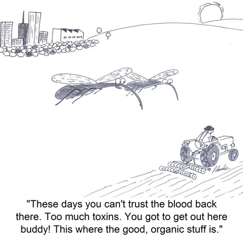 'These days you can't trust the blood back there. Too much toxins. You got to get out here buddy! This where the good, organic stuff is.'