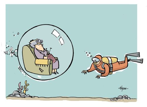 Diver sees old lady in motorized bubble.