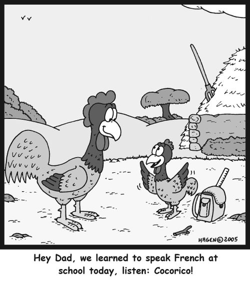 'Hey Dad, we learned to speak French at school today, listen: Cocorico!'