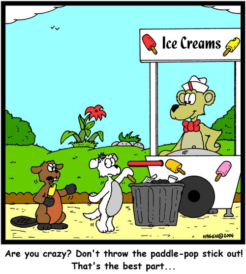 'Are you crazy? Don't throw the paddle-pop stick out! That's the best part...'