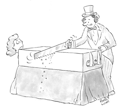 Magician sawing a woman in half.