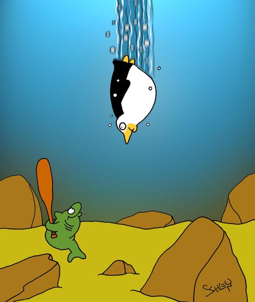 Diving Penguin in danger of being used as a baseball.