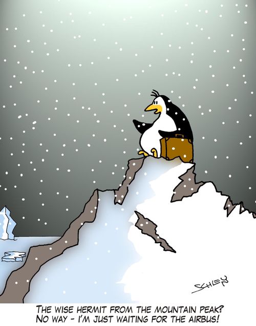 'The wise hermit from the mountain peak? No way - I'm just waiting for the Airbus!'