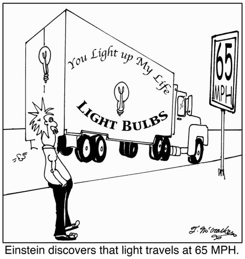Einstein discovers that light travels at 65 MPH.