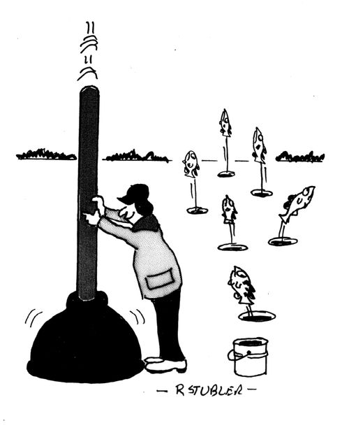 Ice fisherman using plunger to catch fish