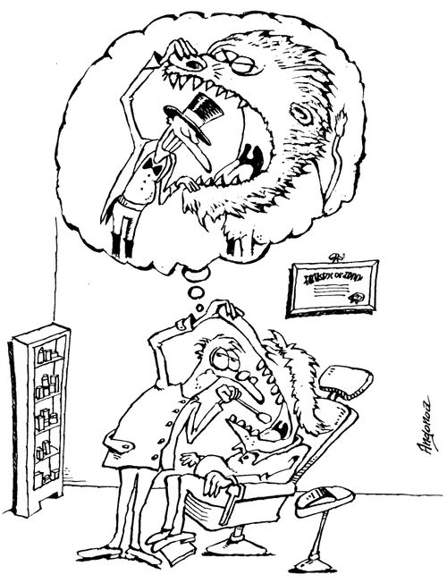 Dentist imagining himself with his head in a lions mouth