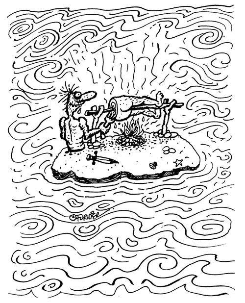 Man eating himself on desert island