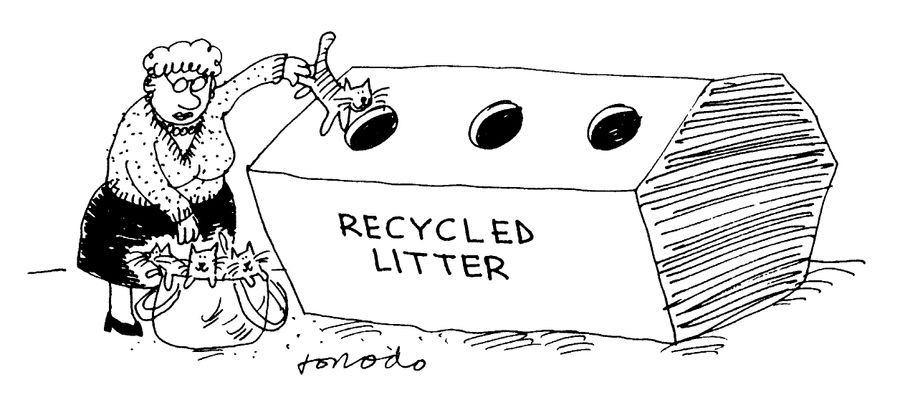 Old woman putting cats in a 'Recycled litter' bin