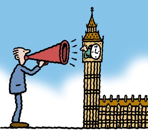 Man with megaphone lobbying parliament.