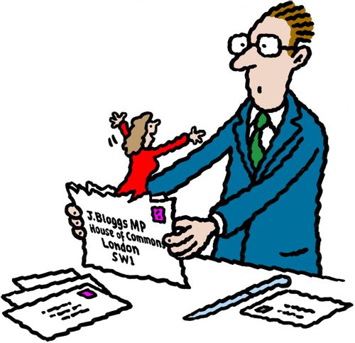 MP opens letter - A tiny lady pops out of envelope.