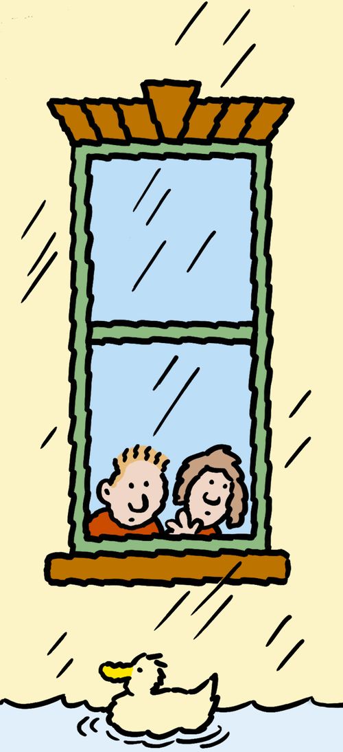 Two kids watch a duck swim past their window in the rain  