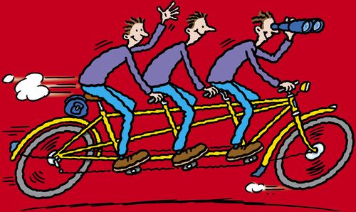 'Three men riding a tricycle. Man in front looks through binoculars to steer.'