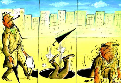 A smartly dressed man falls down a manhole.