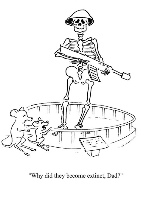 'Why did they become extinct, Dad?' (looking at soldier).