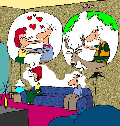 Woman dreaming of romantic moment, while man is dreaming of deer.