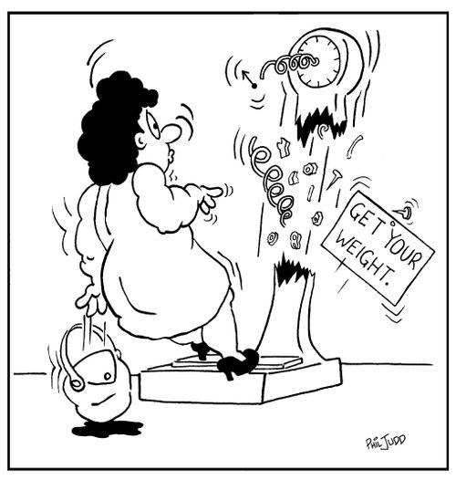 Lady getting her weight taken and machine exploding under pressure.