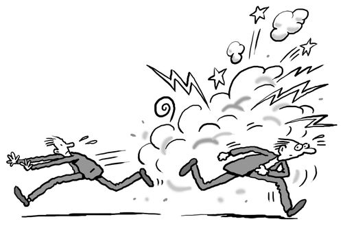 Two men run away from exploding fireworks