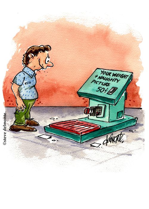 Man on street sees a machine with a sign and a camera below ' Your Weight + Naughty Picture'.