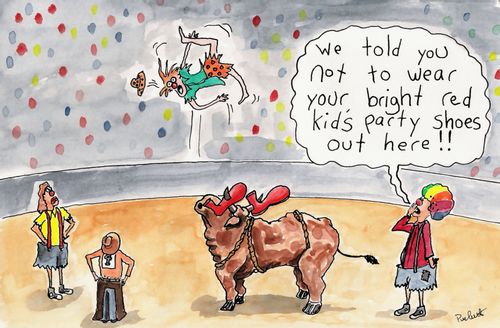 'We told you not to wear your bright red kid's party shoes out here!'
