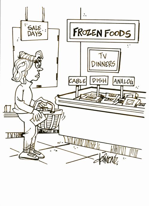 Woman in frozen food isle see a sign: TV Dinners over a case, the dinners are marked CABLE, Dish, Analog.