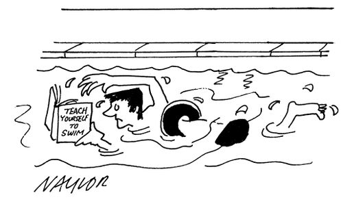 Man reading 'how to swim' book whilst swimming.