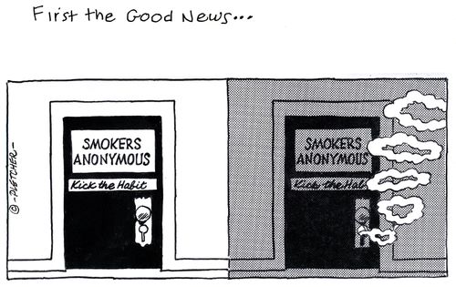 Smoke rings coming through the door of a Smokers Anonymous meeting.
