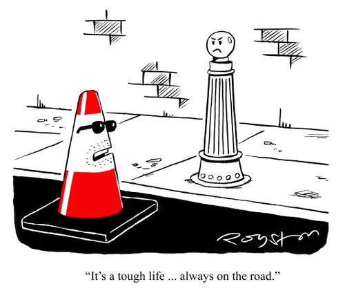 Traffic cone tells bollard: 'It's a tough life ... always on the road.'