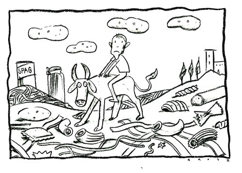 Boy on a cow in a field full of giant pasts.