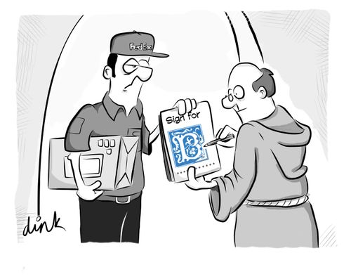 A monk signs elaborately for a parcel.