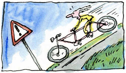 Woman on runaway tandem with no front rider.
