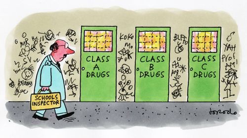 School inspector passing class doors marked A B and C drugs.