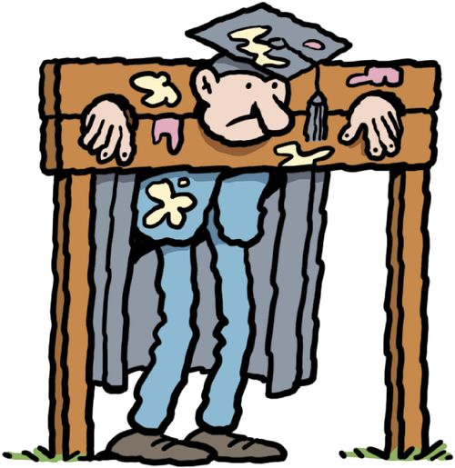 A headmaster in the stocks covered in rotten eggs.