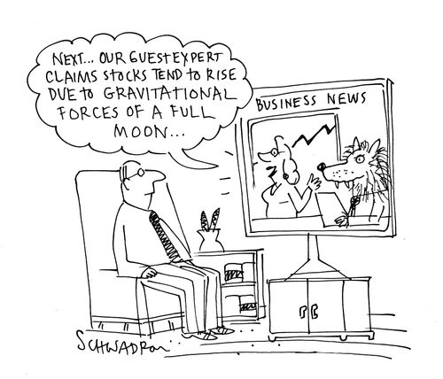 'Next...Our guest expert claims stocks tend to rise due to gravitational forces of a full moon...'