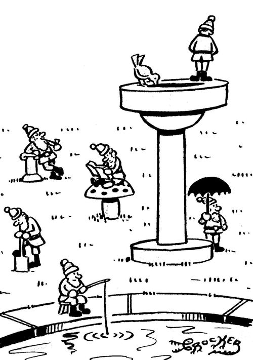 Gnome urinating onto sad gnome with umbrella.
